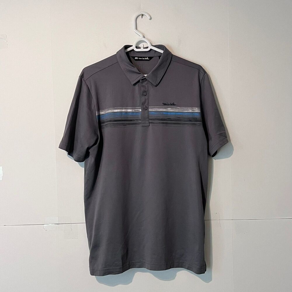 Travis Matthew Mens Polo Shirt Size M Grey Striped Cabo Mexico Logo Pima Cotton